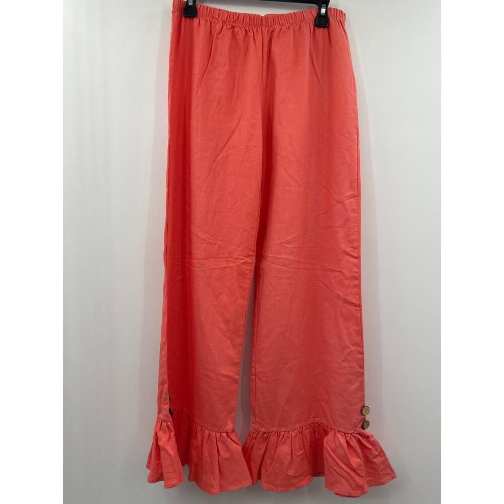 Wanna B Coral Linen Blend Ruffle Hem Wide Leg Pants Size Med Lagenlook Coastal